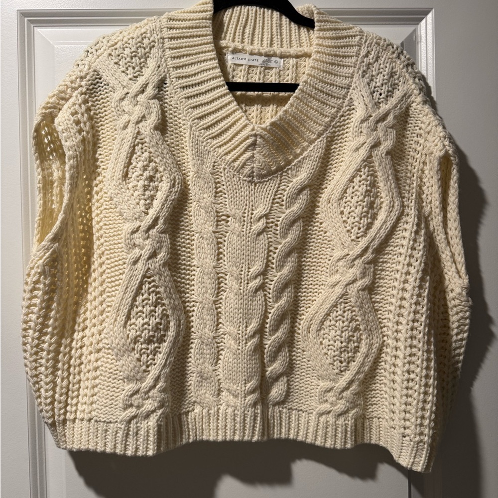 Altar'd State Cable Knit V-Neck Sweater - Cream